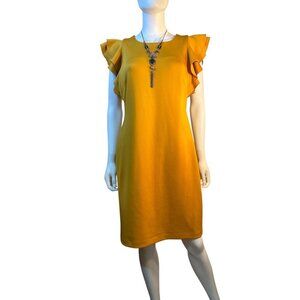 Tommy Hilfiger Mustard Ruffle Sleeve Shift Midi Dress Size 10 Polyester EUC